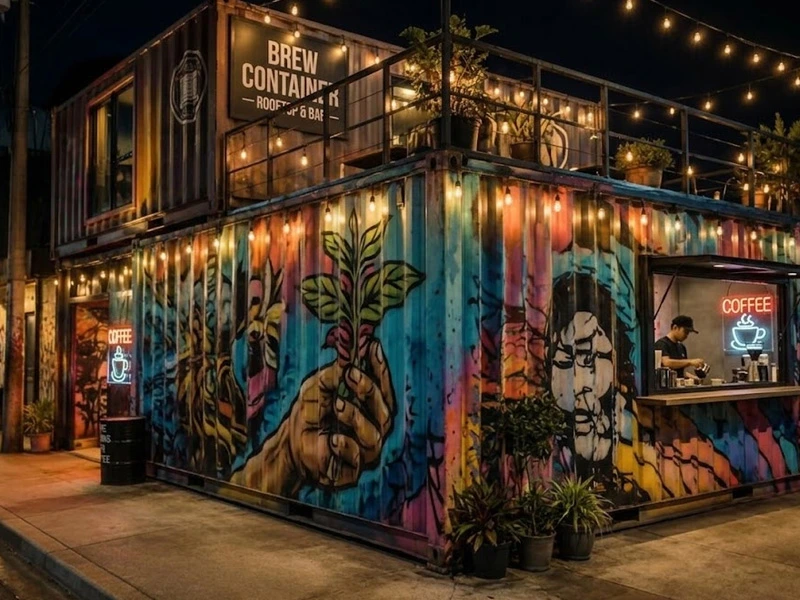 Container cafe di malam hari dengan lampu Edison hangat
