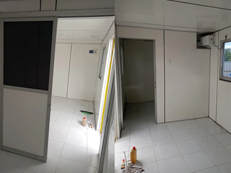 Interior container office dengan meja kerja dan AC
