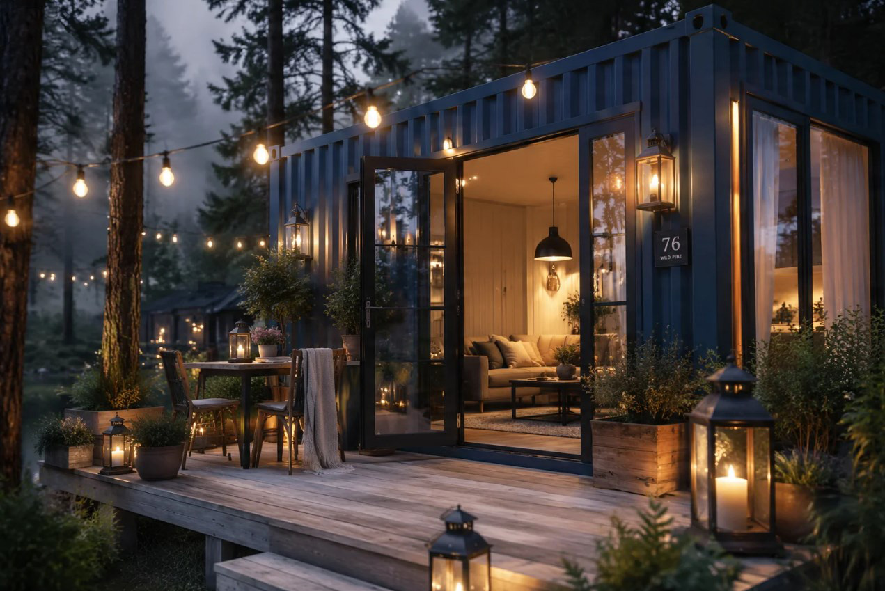 Villa glamping container di malam hari dengan pencahayaan hangat