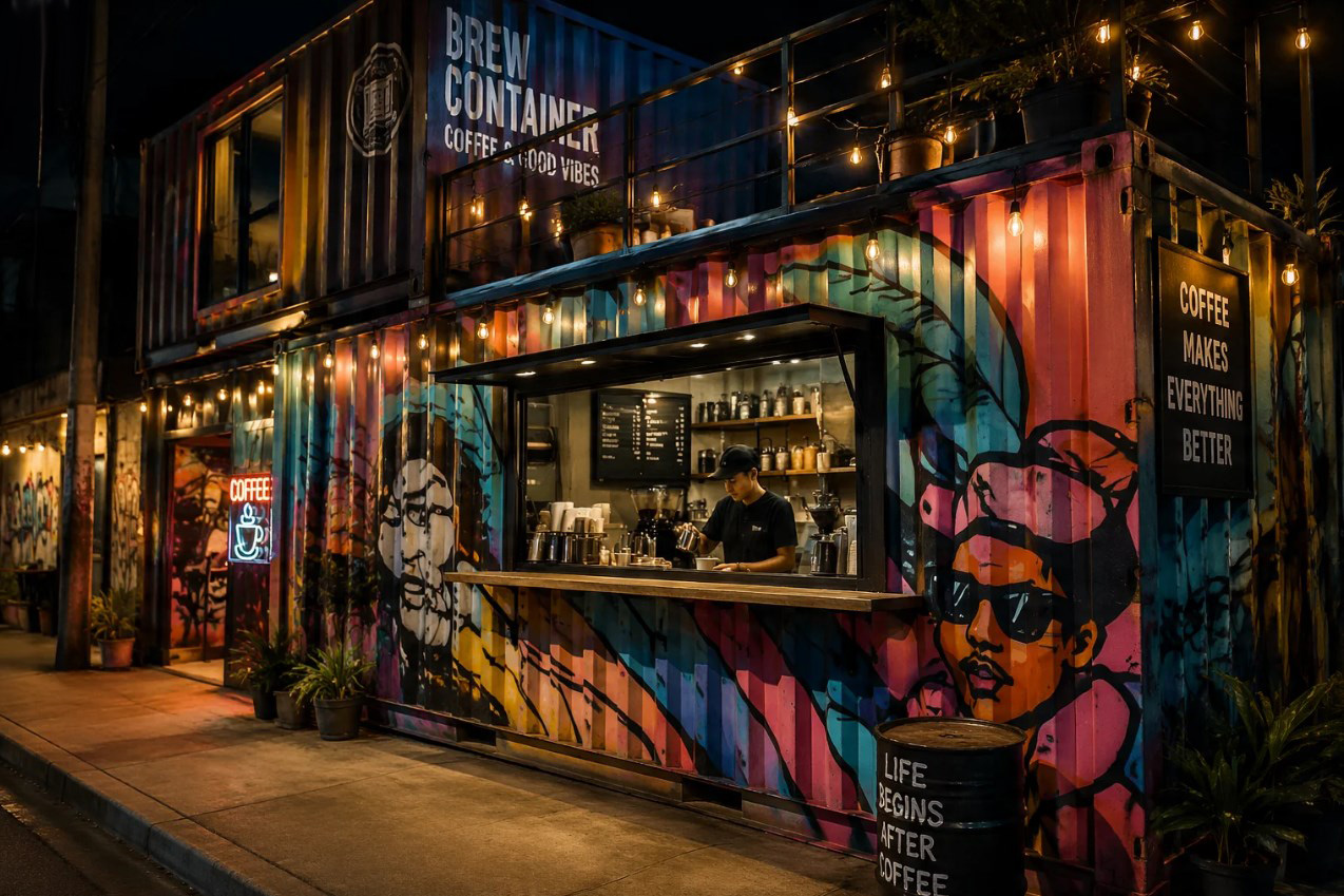 Container cafe tampak depan dengan mural warna-warni
