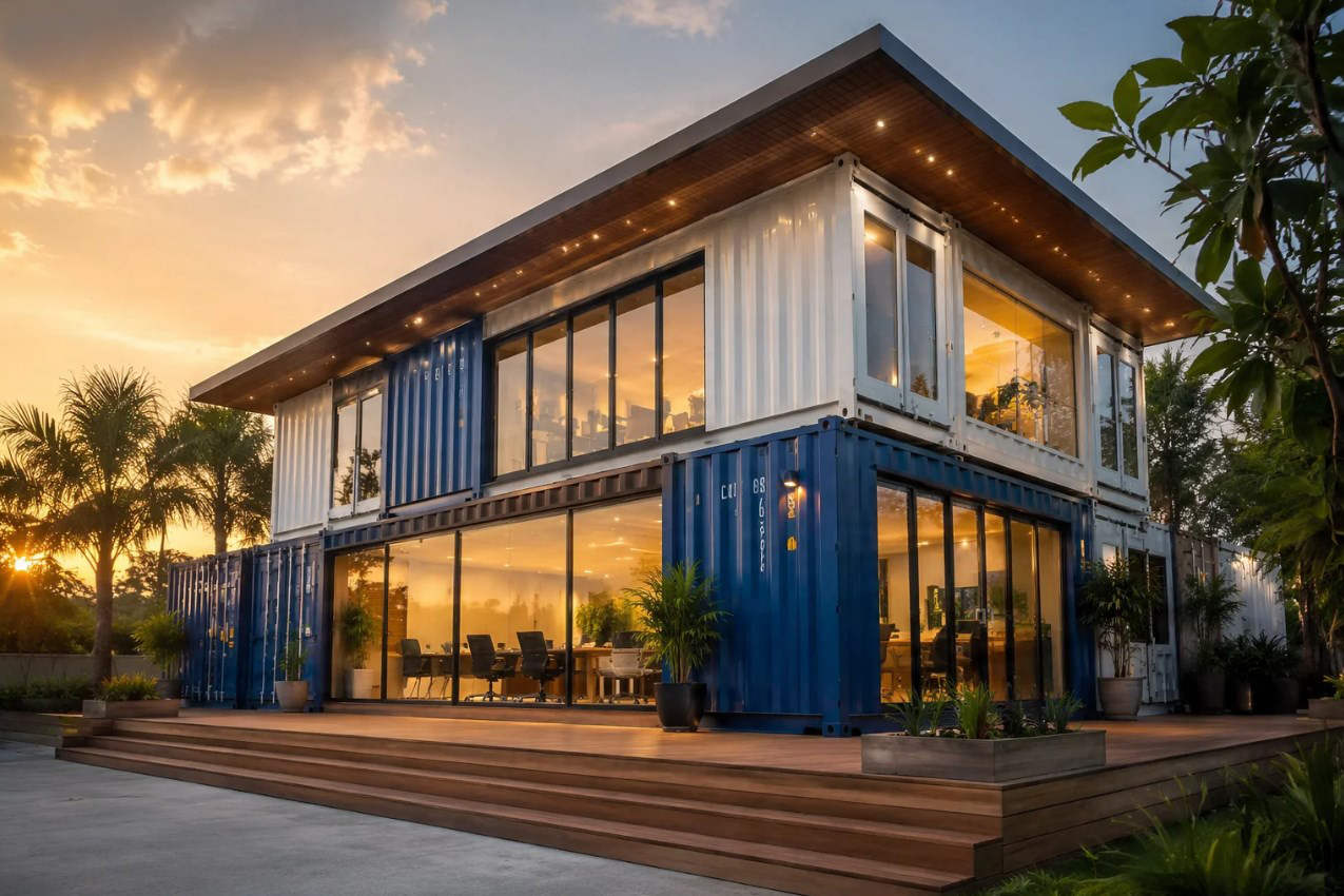 Container office modifikasi siap pakai untuk kantor proyek pertambangan dengan finishing baja Corten oranye