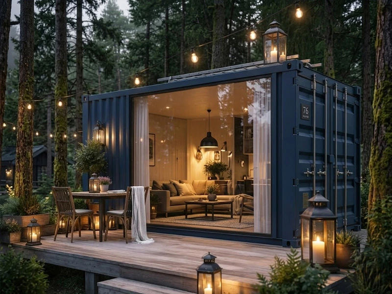 Villa glamping container dengan dek kayu di tepi hutan
